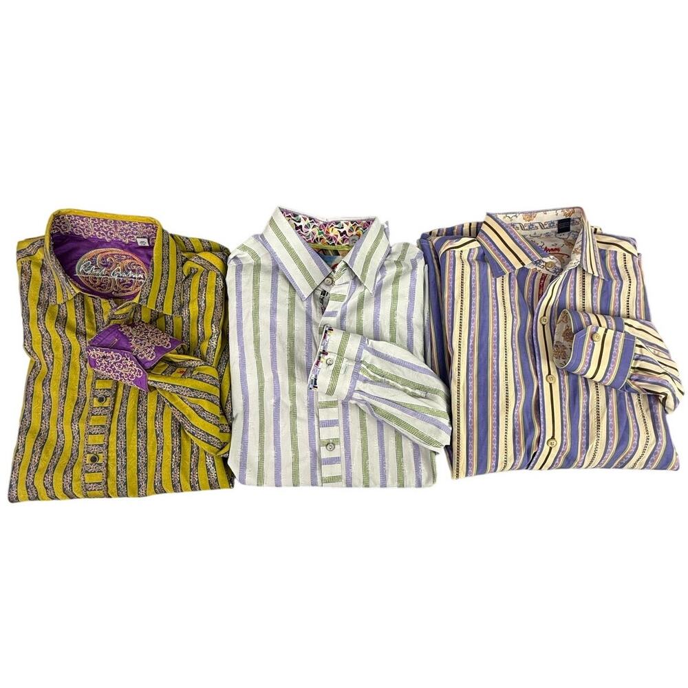 Robert Graham Long Sleeve Large Shirts Lot of 3 Stripe Flip Cuff Embroidery